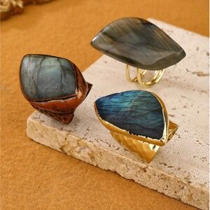 Vintage Style Natural Labradorite Geometric Shape Wide Band Cuff Ring